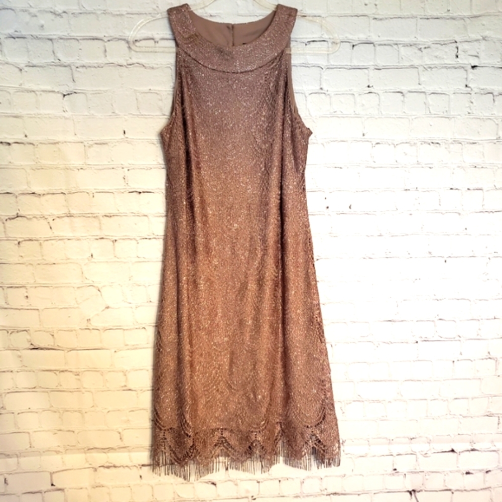 Dressbarn halter tan/muave metallic flapper dress.
